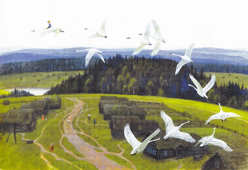ilustración de Nikolái Ustinovun niño montado en un gran pájaro que vuela con con otros, más abajo varias cabañas en el campo, un bosque.
